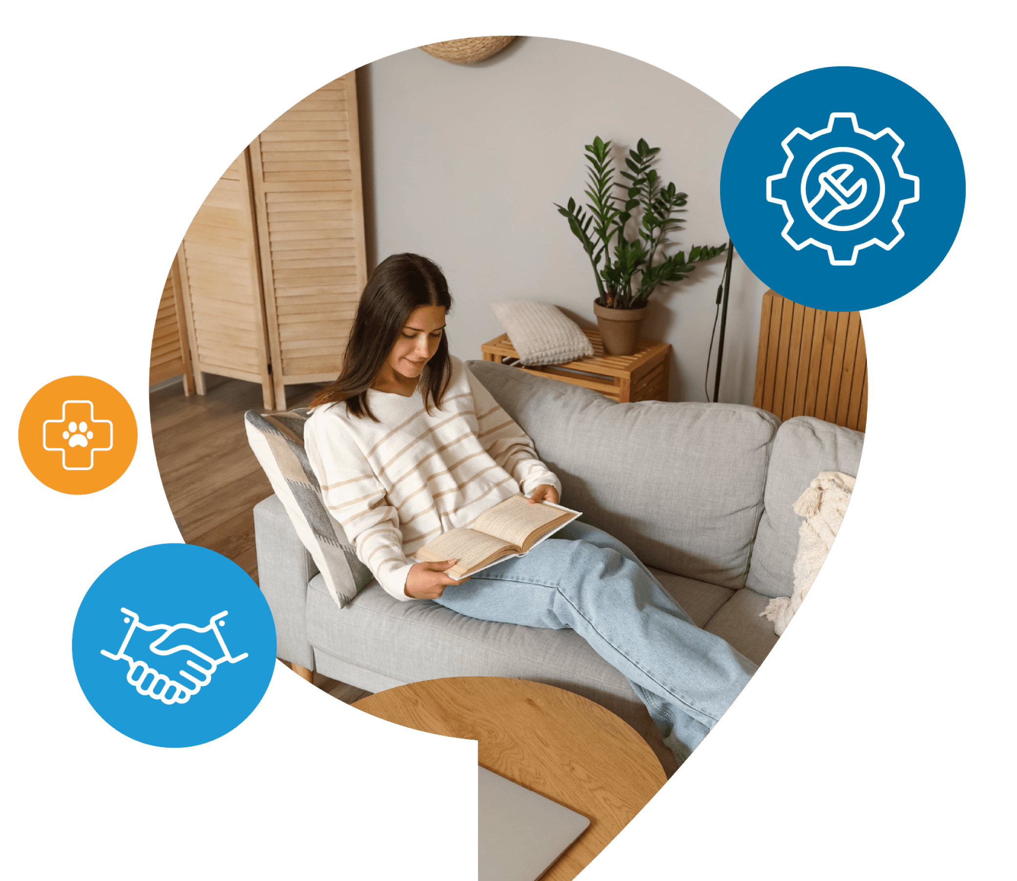 Mujer leyendo en sofá con iconos de servicios