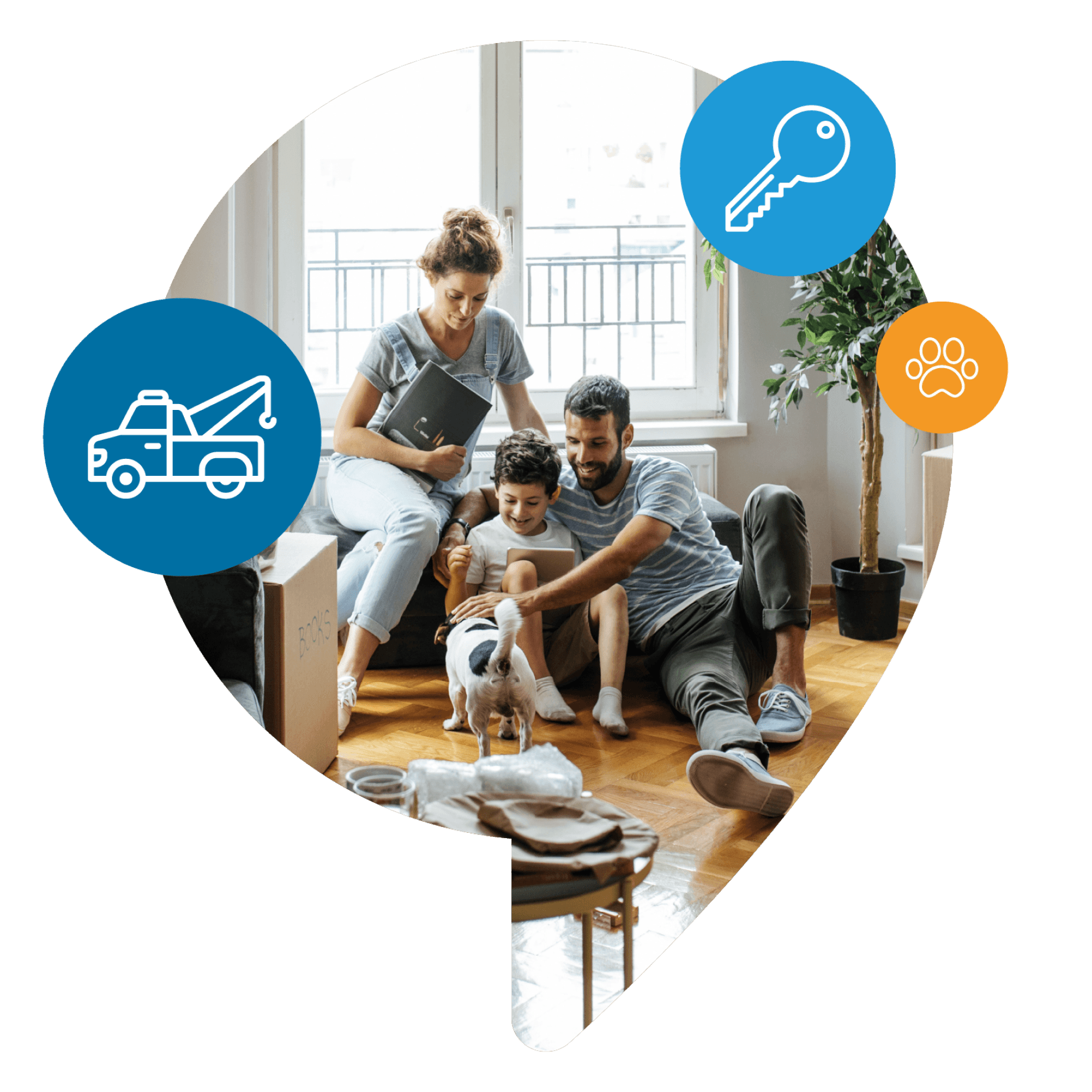 Familia feliz en casa con su mascota